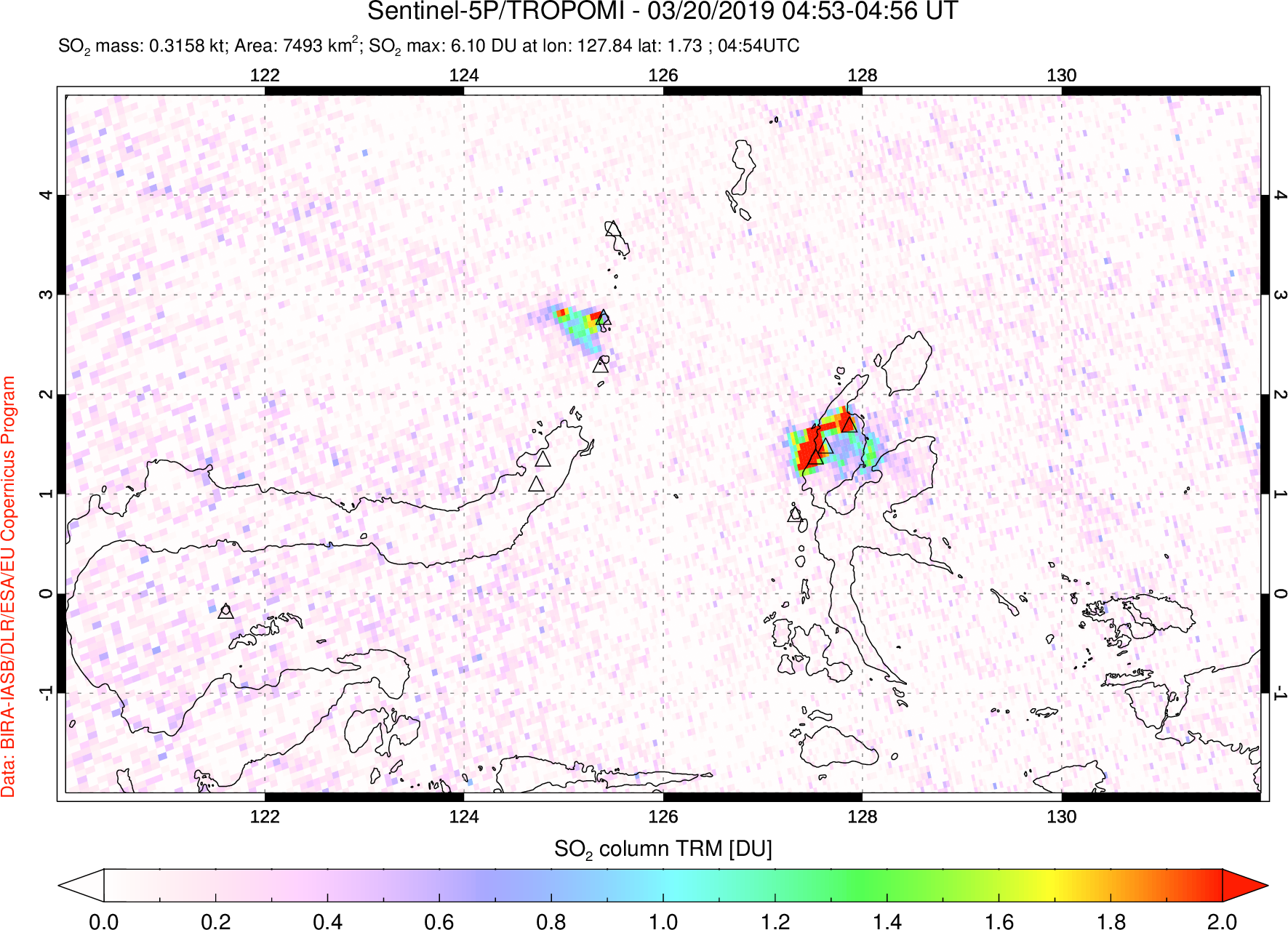 A sulfur dioxide image over Northern Sulawesi & Halmahera, Indonesia on Mar 20, 2019.