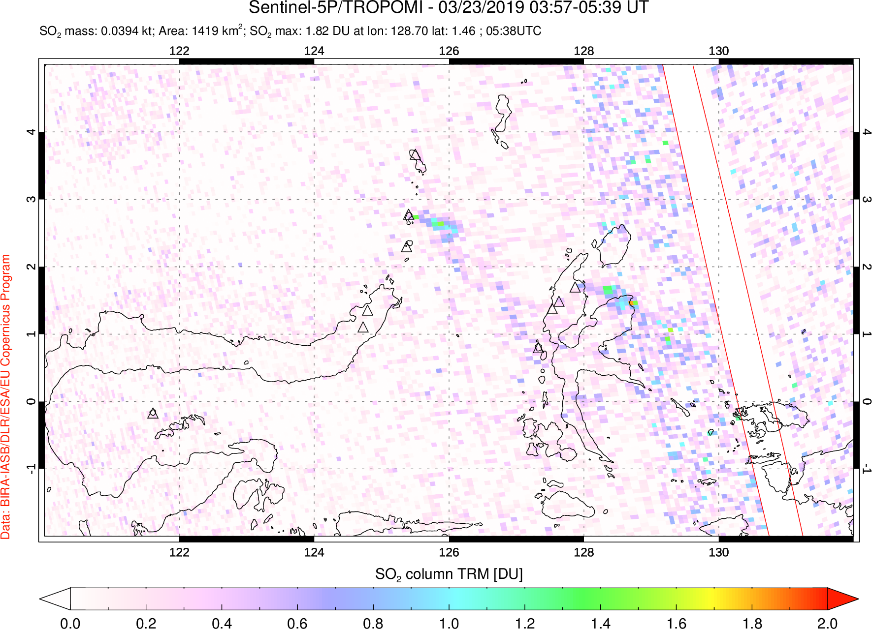 A sulfur dioxide image over Northern Sulawesi & Halmahera, Indonesia on Mar 23, 2019.