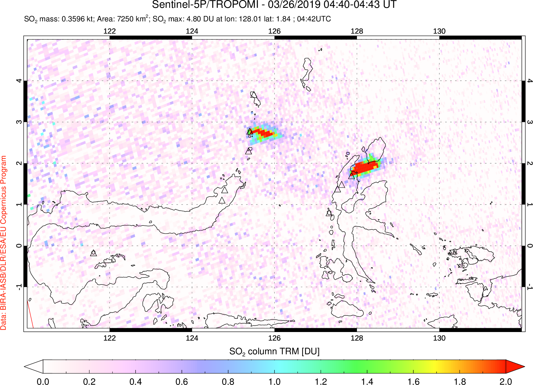 A sulfur dioxide image over Northern Sulawesi & Halmahera, Indonesia on Mar 26, 2019.