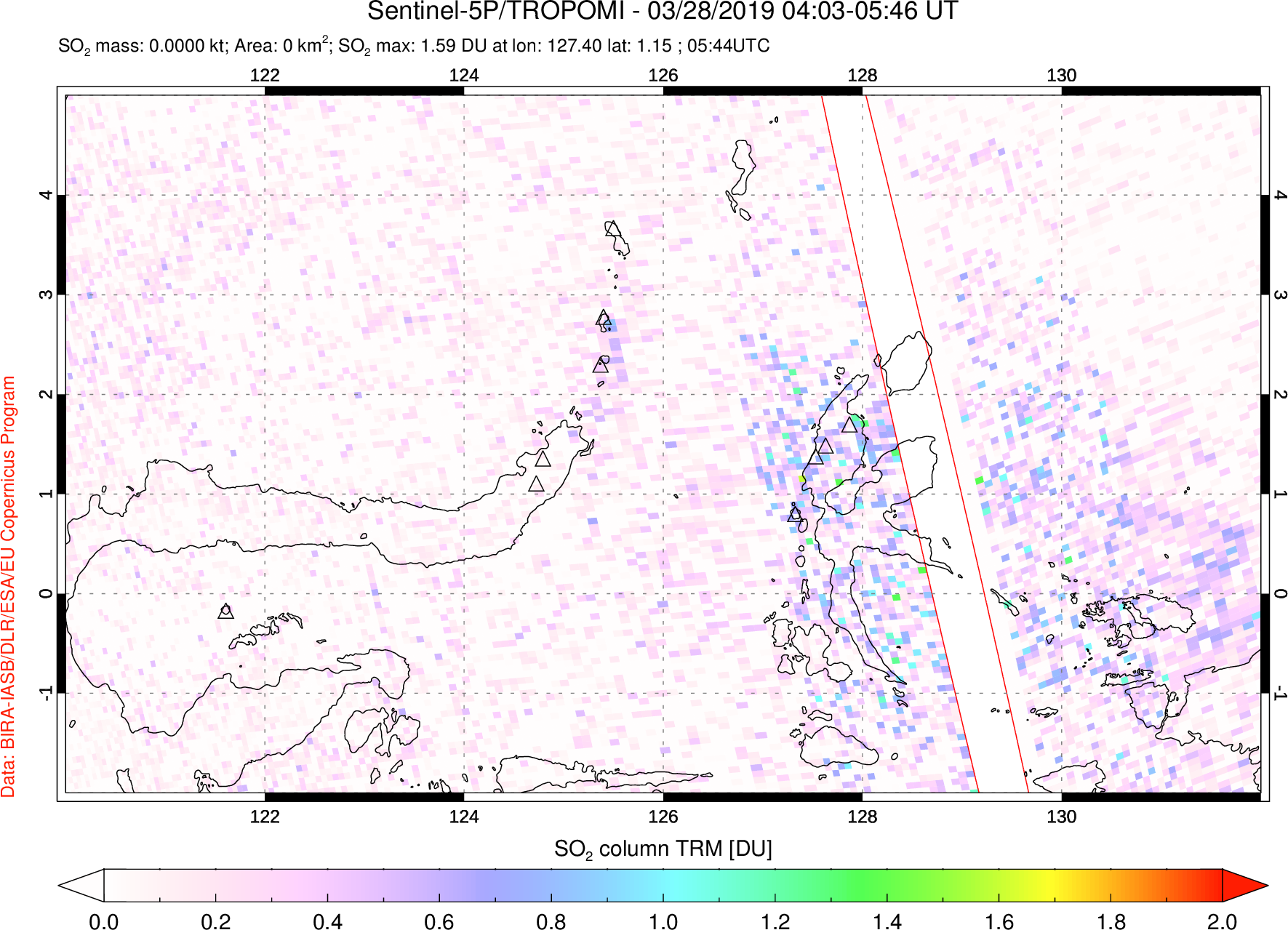 A sulfur dioxide image over Northern Sulawesi & Halmahera, Indonesia on Mar 28, 2019.
