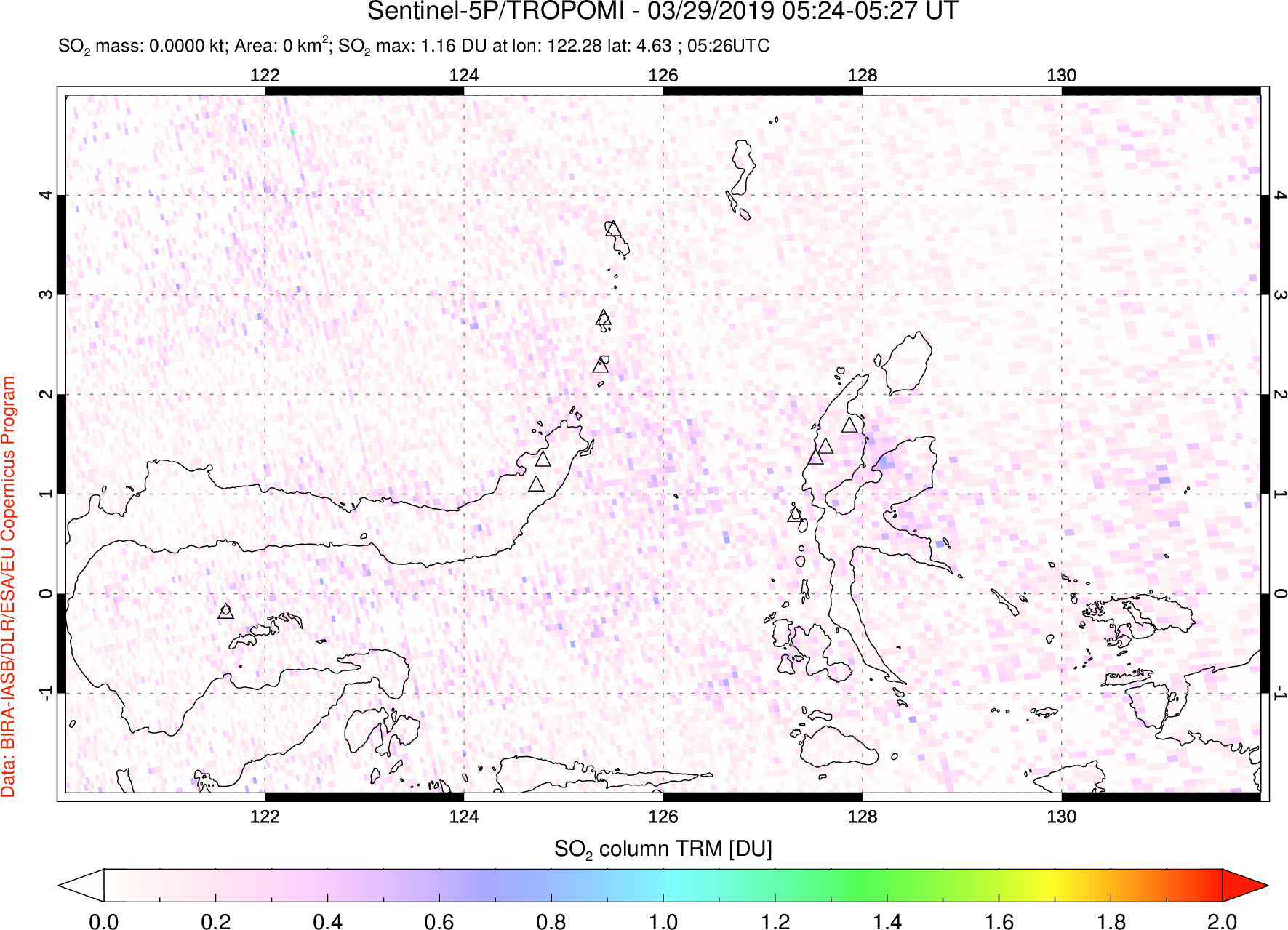 A sulfur dioxide image over Northern Sulawesi & Halmahera, Indonesia on Mar 29, 2019.