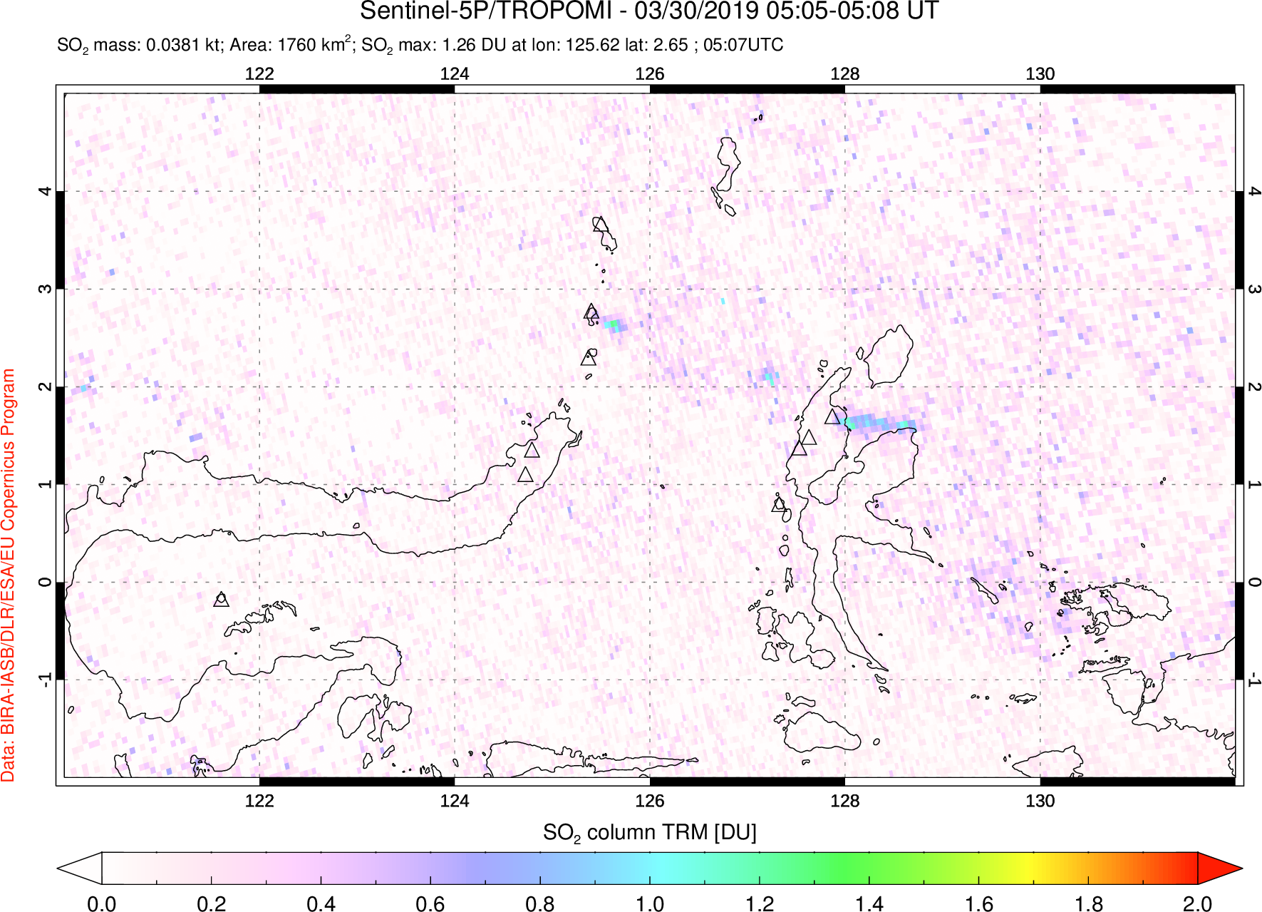 A sulfur dioxide image over Northern Sulawesi & Halmahera, Indonesia on Mar 30, 2019.