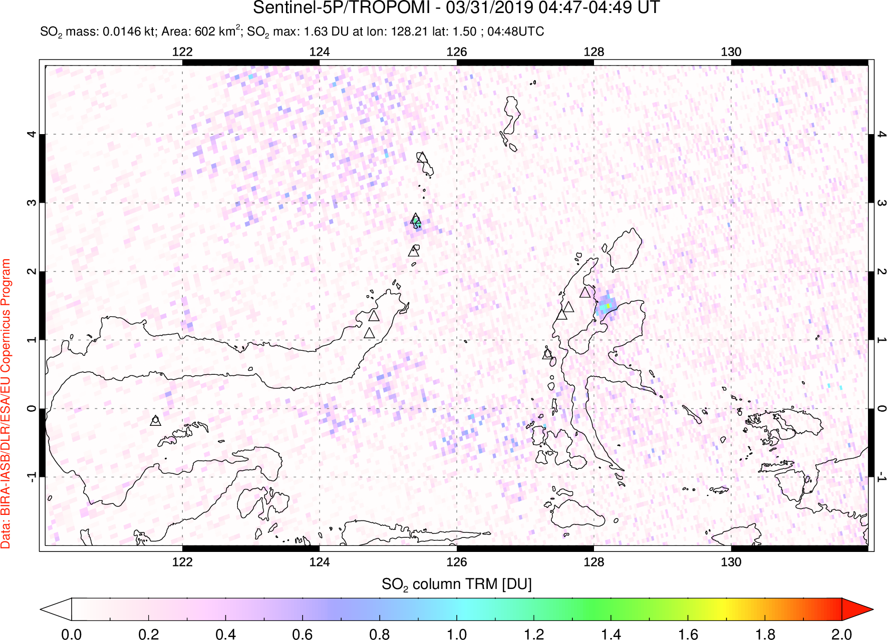 A sulfur dioxide image over Northern Sulawesi & Halmahera, Indonesia on Mar 31, 2019.