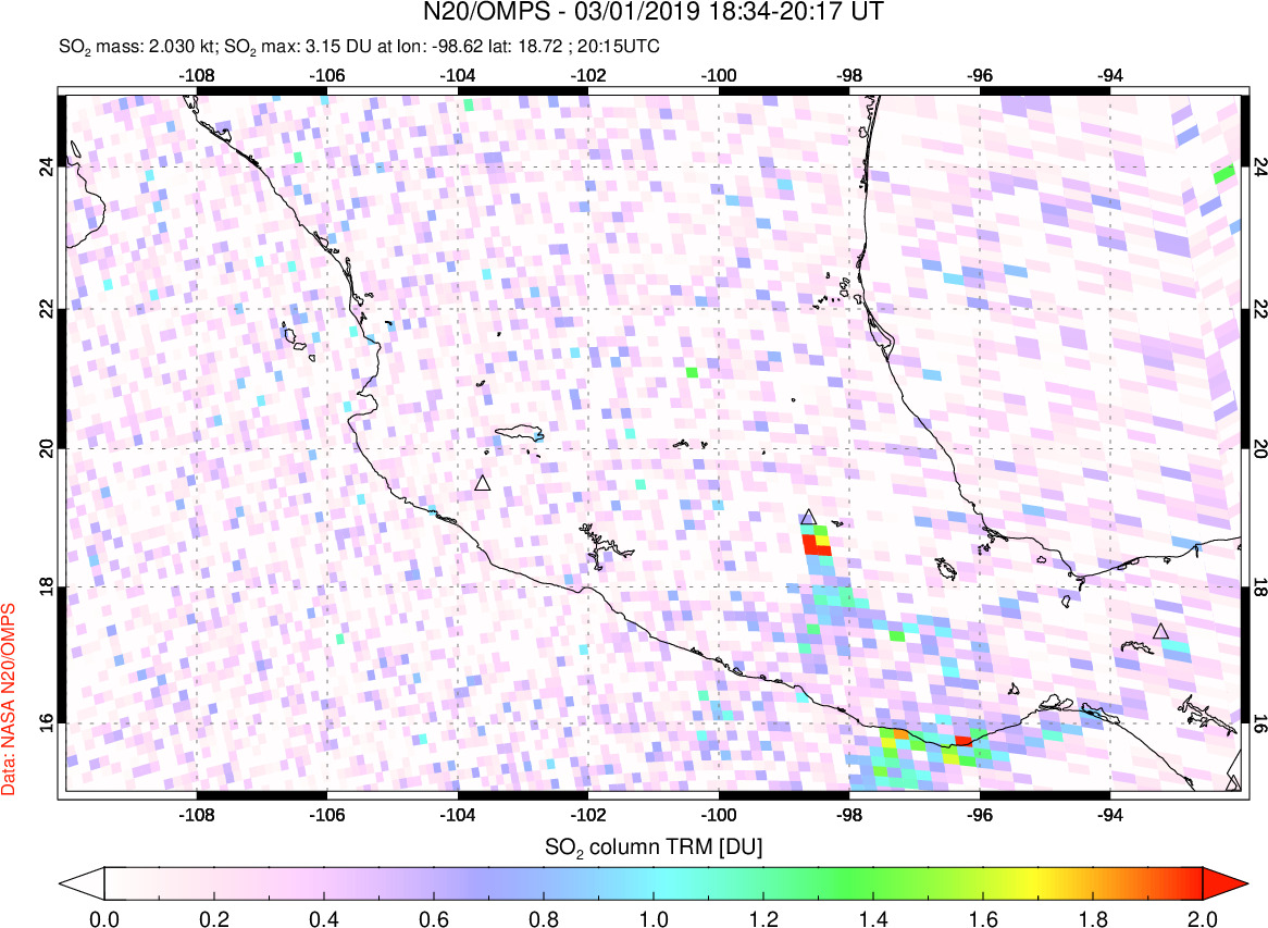 A sulfur dioxide image over Mexico on Mar 01, 2019.