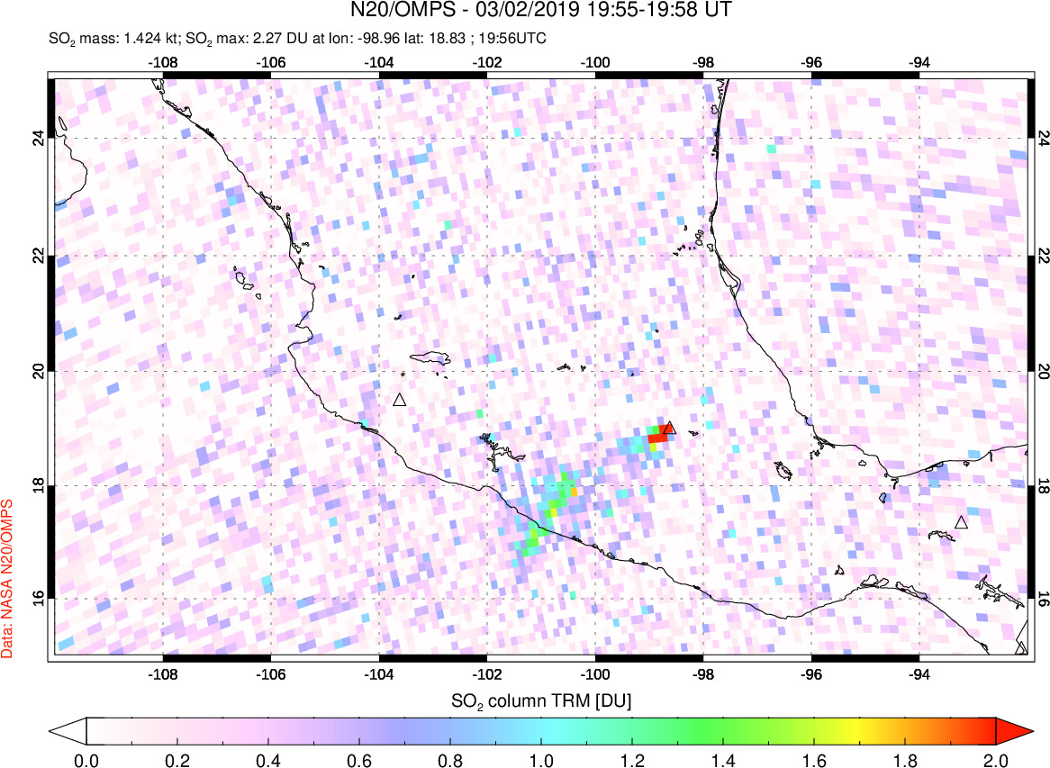 A sulfur dioxide image over Mexico on Mar 02, 2019.