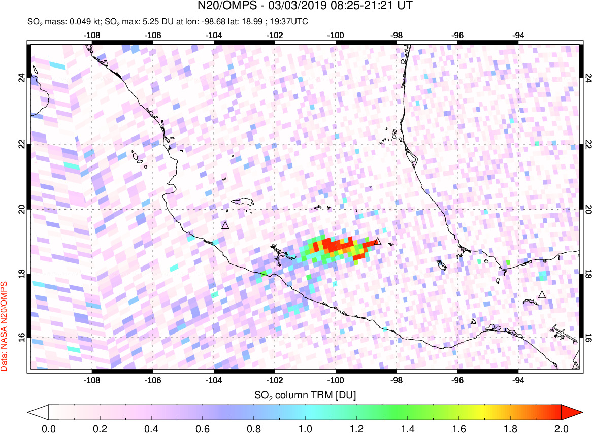 A sulfur dioxide image over Mexico on Mar 03, 2019.