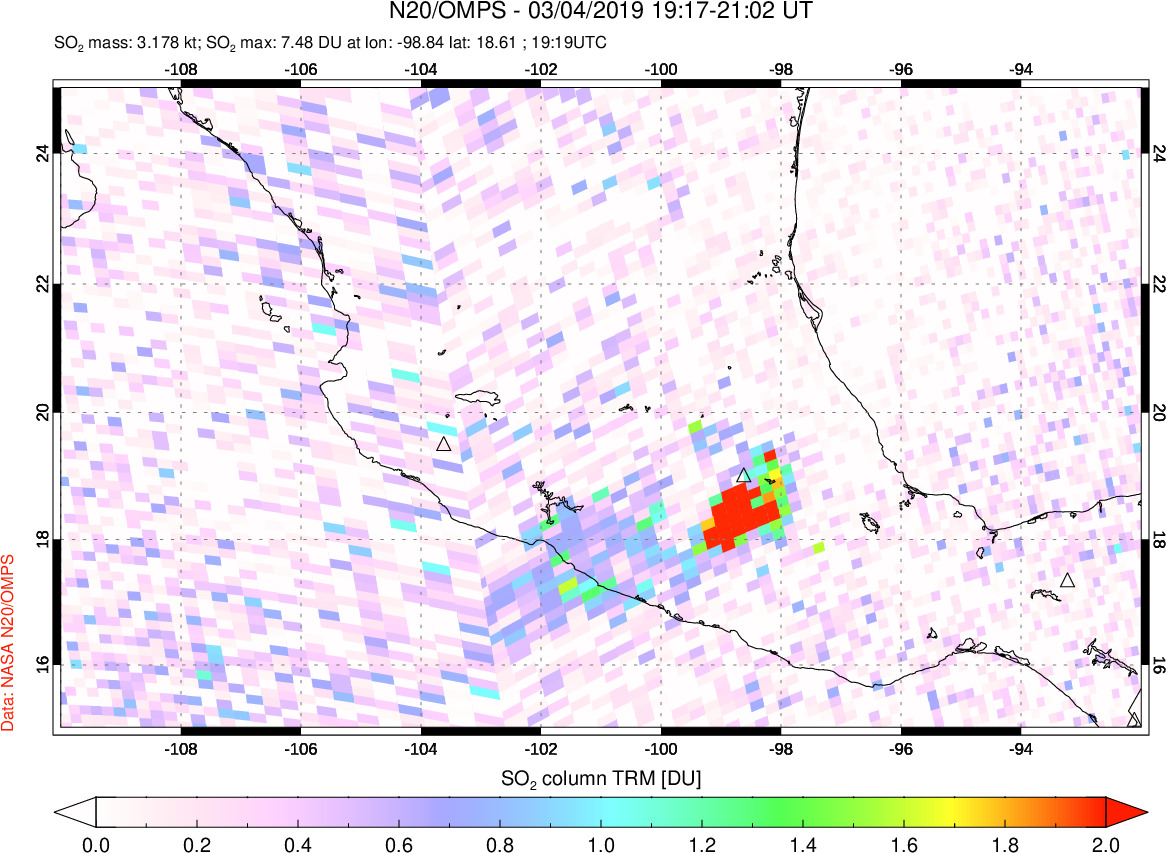 A sulfur dioxide image over Mexico on Mar 04, 2019.