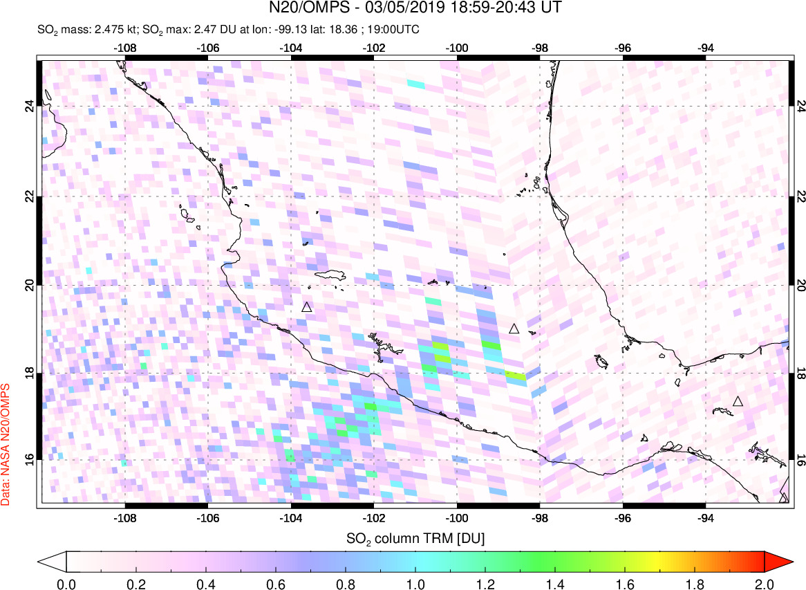 A sulfur dioxide image over Mexico on Mar 05, 2019.