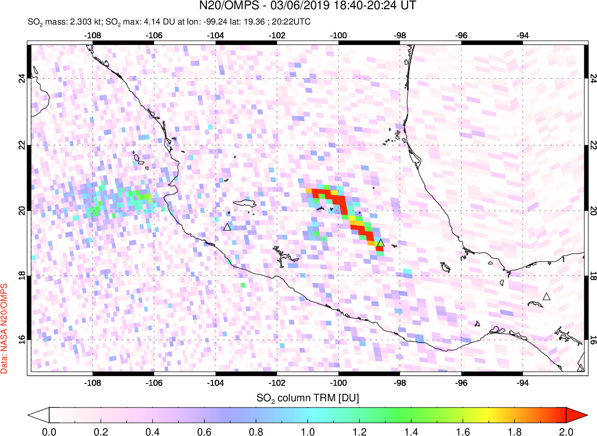 A sulfur dioxide image over Mexico on Mar 06, 2019.