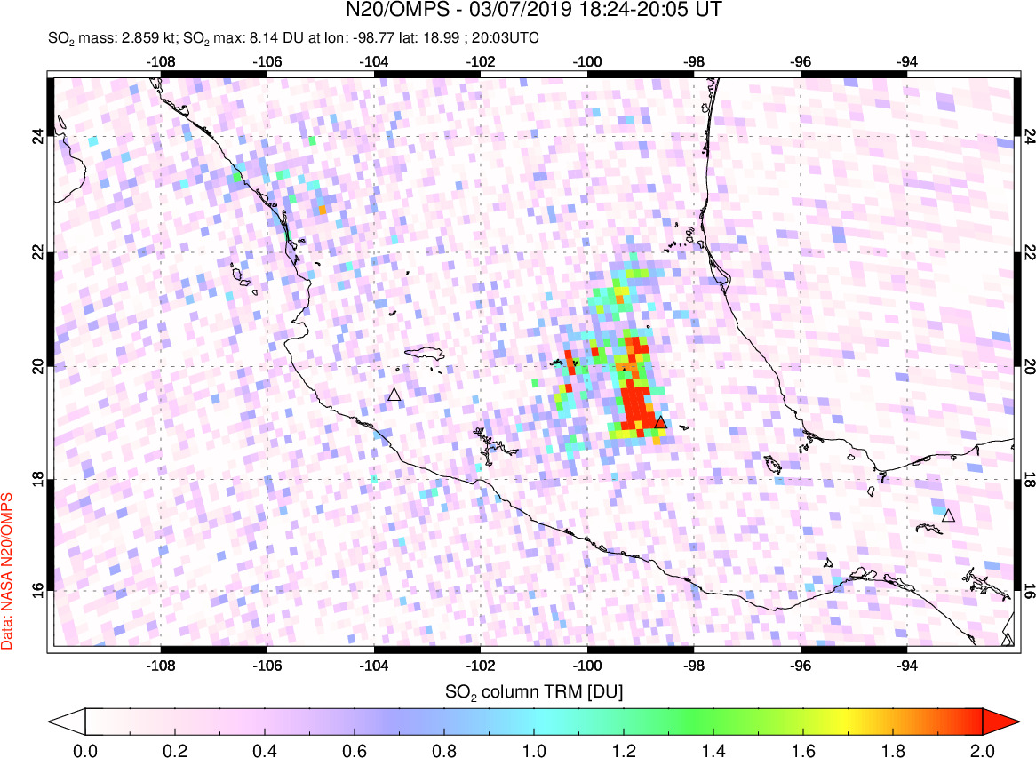 A sulfur dioxide image over Mexico on Mar 07, 2019.