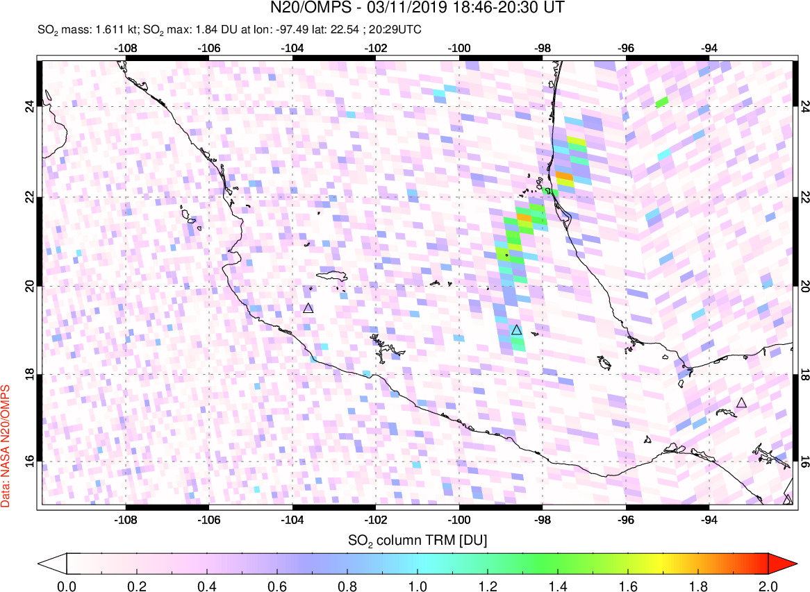 A sulfur dioxide image over Mexico on Mar 11, 2019.