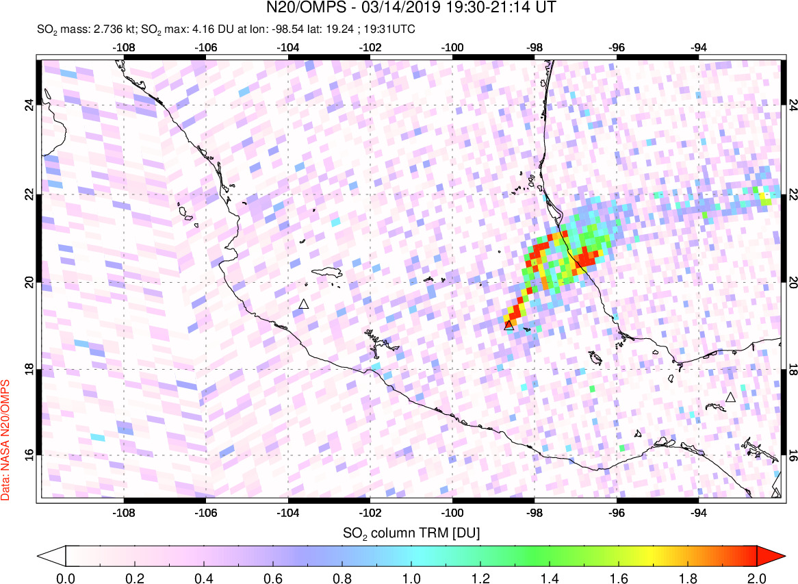 A sulfur dioxide image over Mexico on Mar 14, 2019.