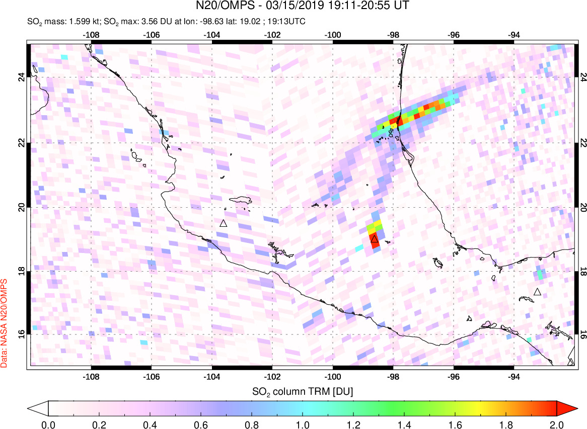 A sulfur dioxide image over Mexico on Mar 15, 2019.