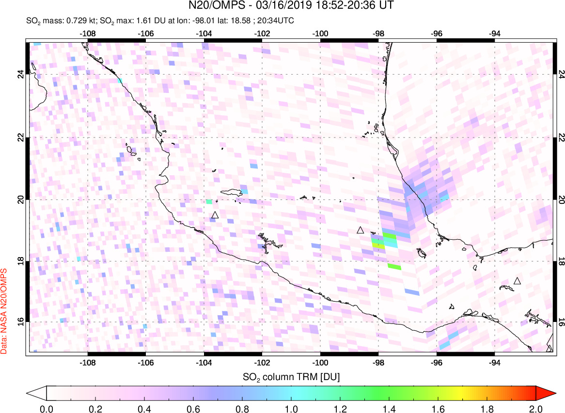 A sulfur dioxide image over Mexico on Mar 16, 2019.