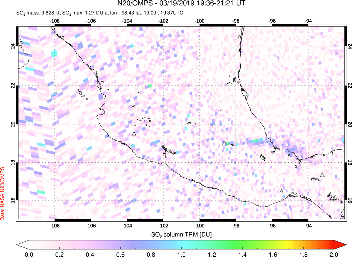 A sulfur dioxide image over Mexico on Mar 19, 2019.