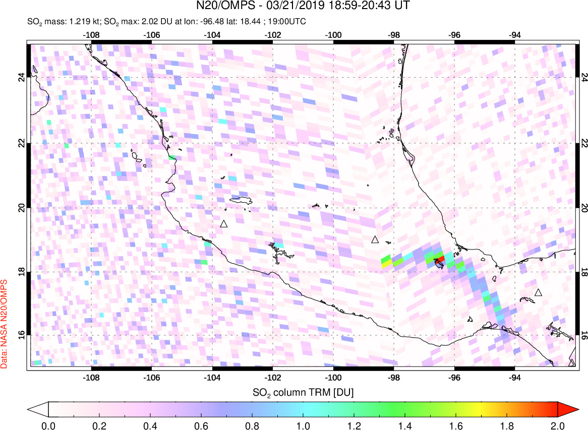 A sulfur dioxide image over Mexico on Mar 21, 2019.