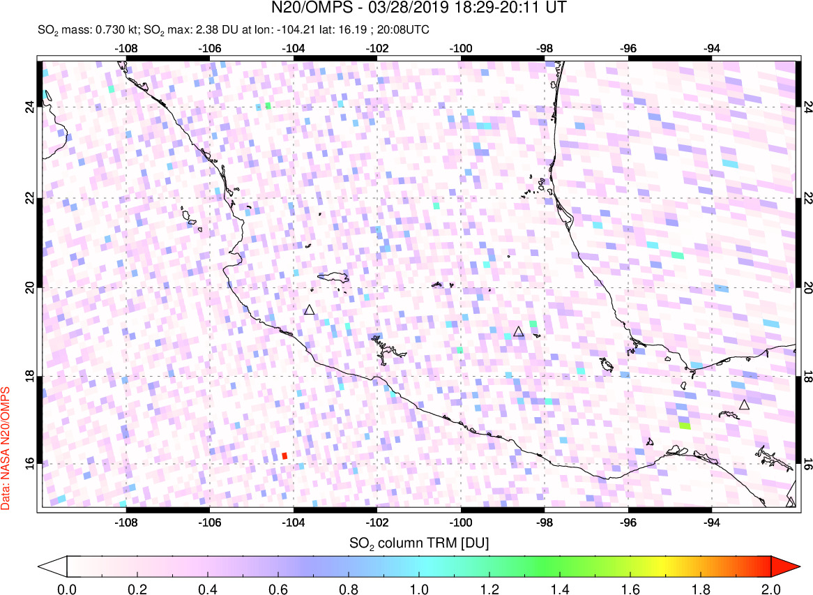 A sulfur dioxide image over Mexico on Mar 28, 2019.