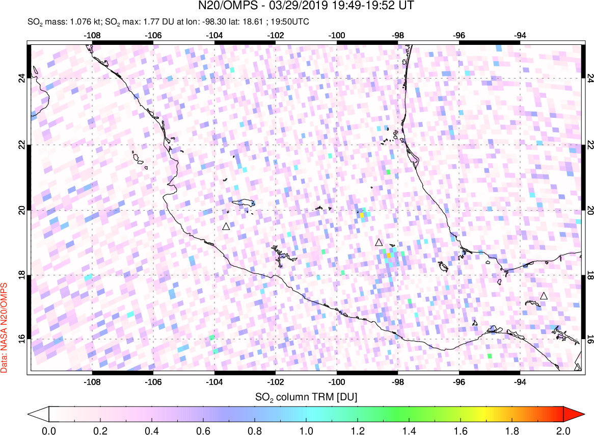 A sulfur dioxide image over Mexico on Mar 29, 2019.