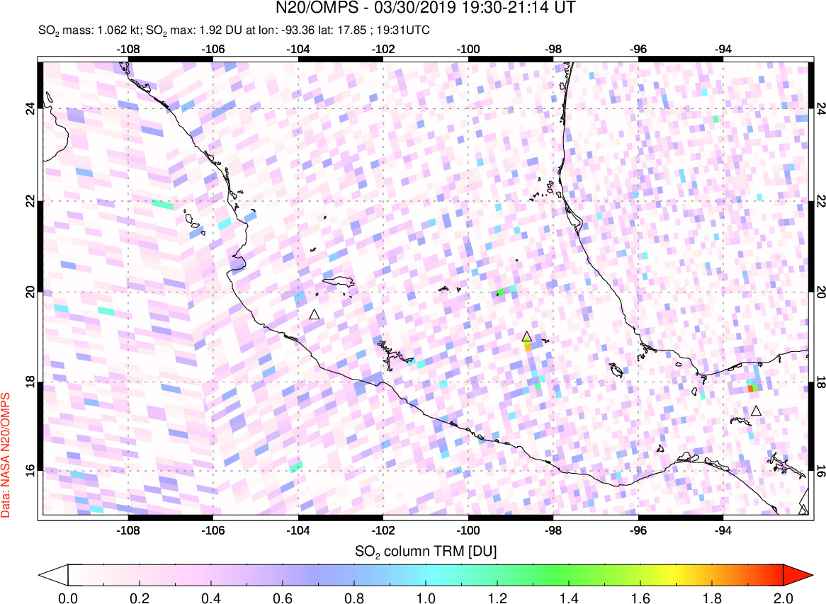 A sulfur dioxide image over Mexico on Mar 30, 2019.