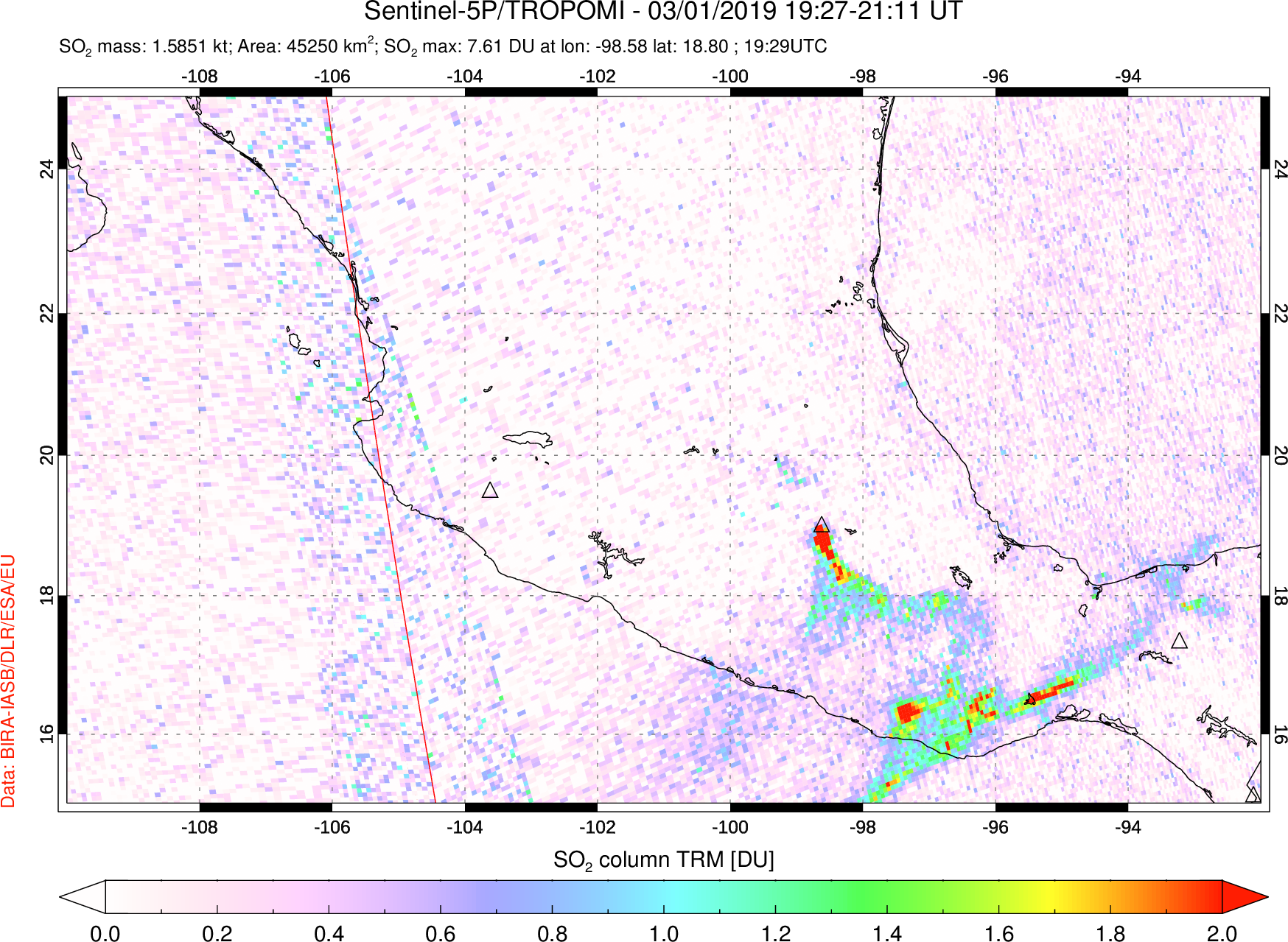 A sulfur dioxide image over Mexico on Mar 01, 2019.