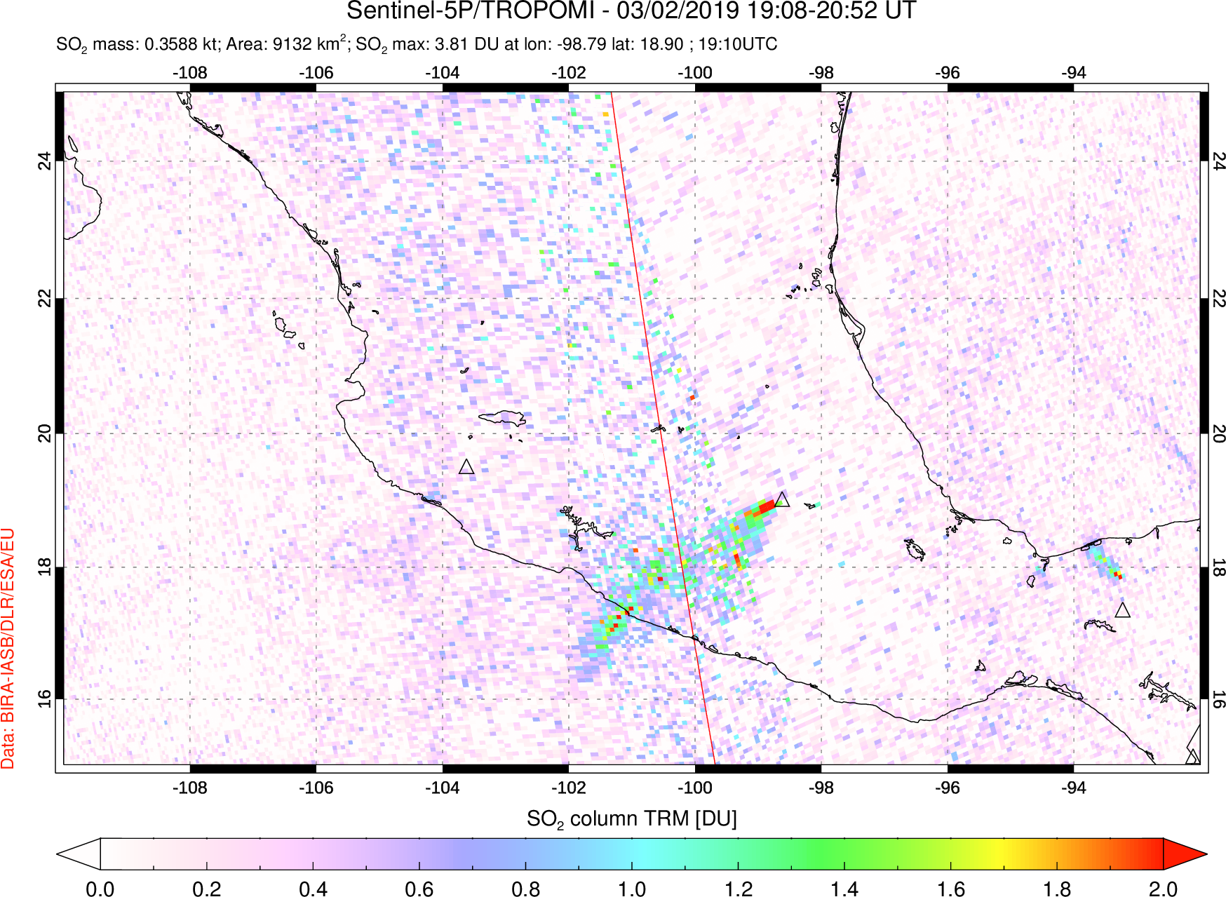 A sulfur dioxide image over Mexico on Mar 02, 2019.
