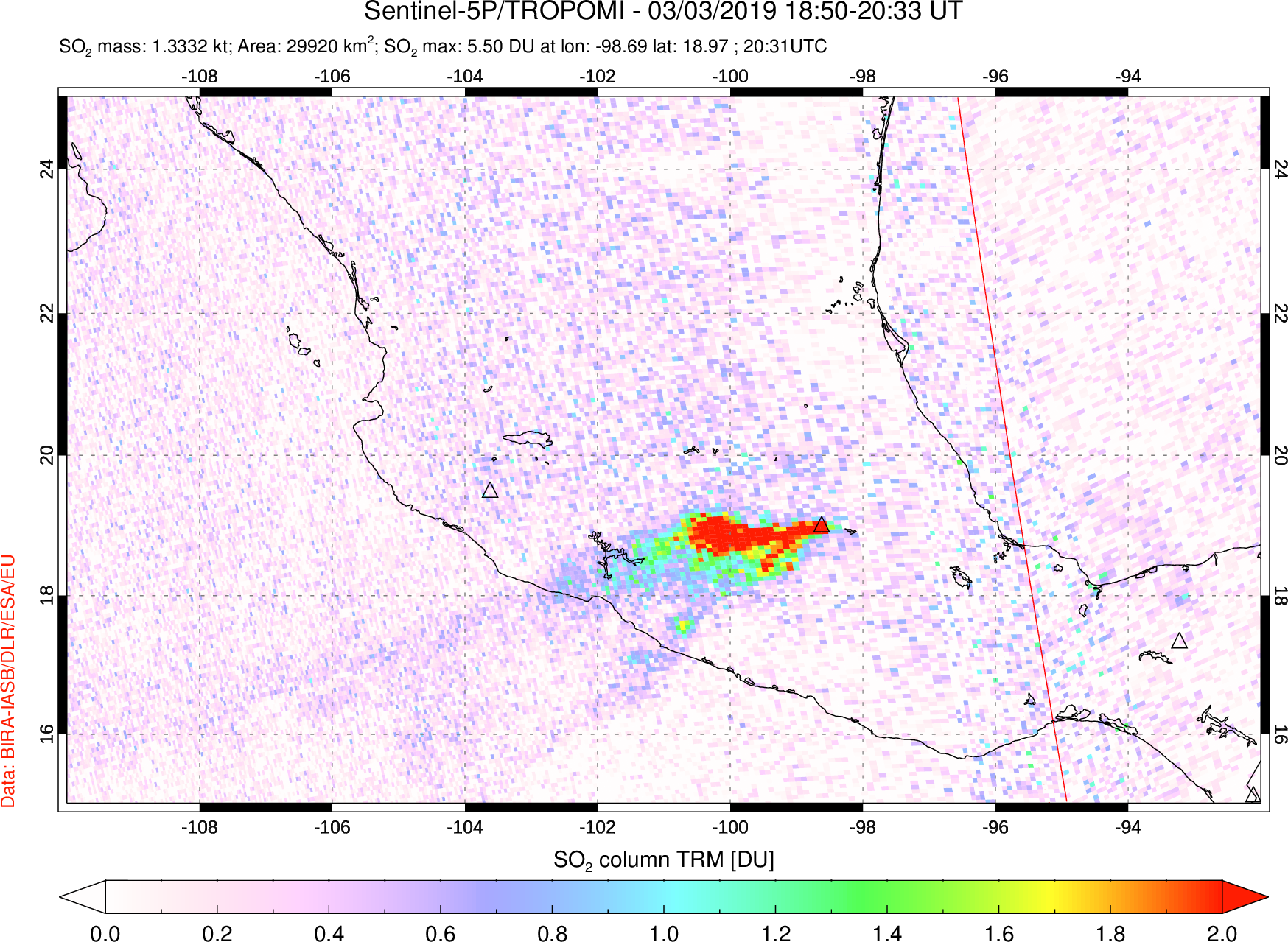 A sulfur dioxide image over Mexico on Mar 03, 2019.