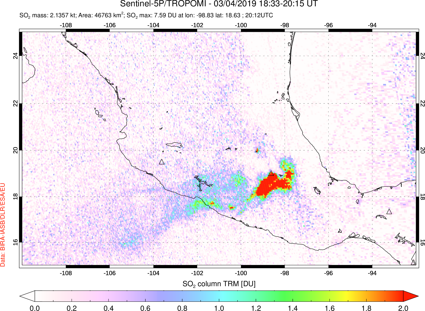 A sulfur dioxide image over Mexico on Mar 04, 2019.