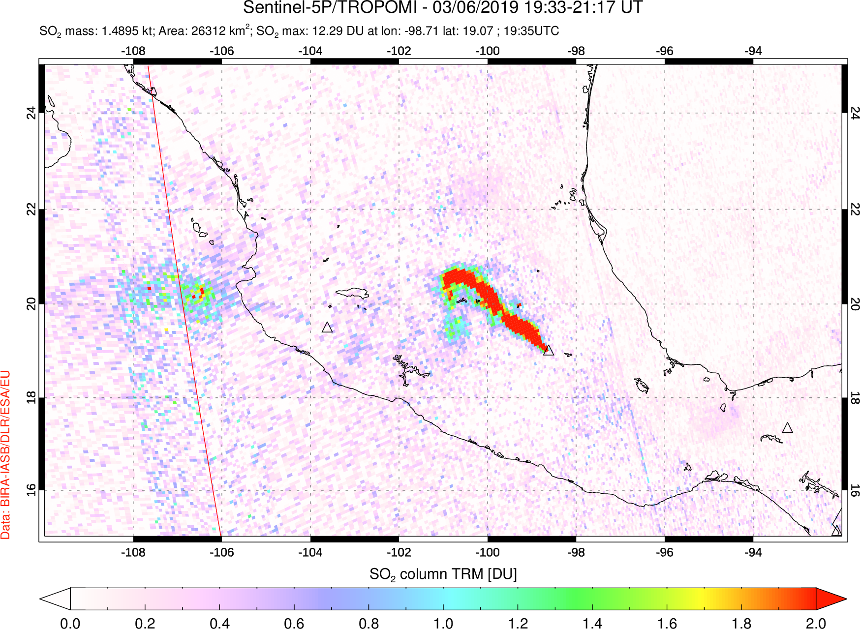 A sulfur dioxide image over Mexico on Mar 06, 2019.