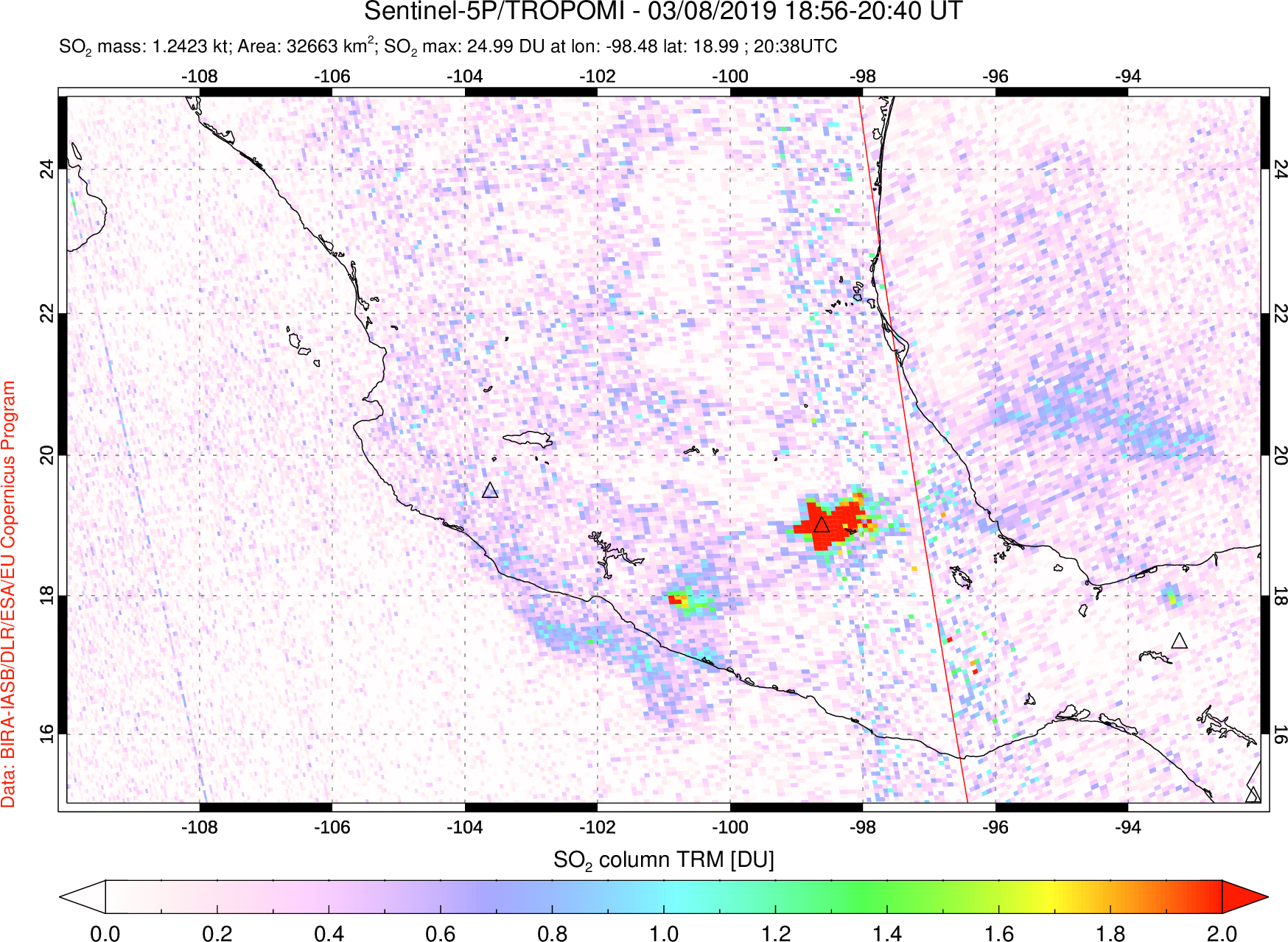 A sulfur dioxide image over Mexico on Mar 08, 2019.