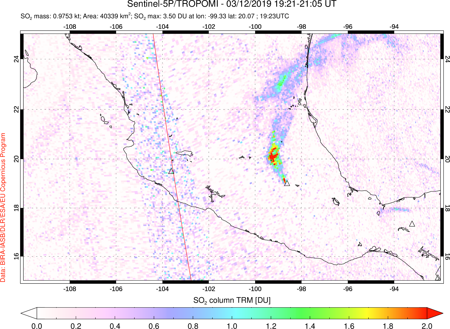 A sulfur dioxide image over Mexico on Mar 12, 2019.