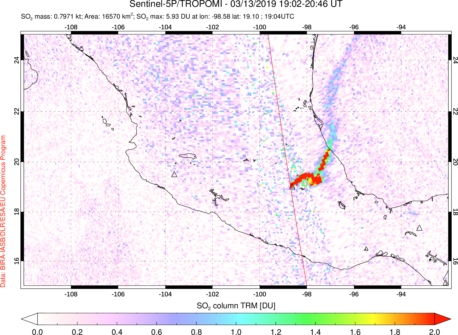 A sulfur dioxide image over Mexico on Mar 13, 2019.