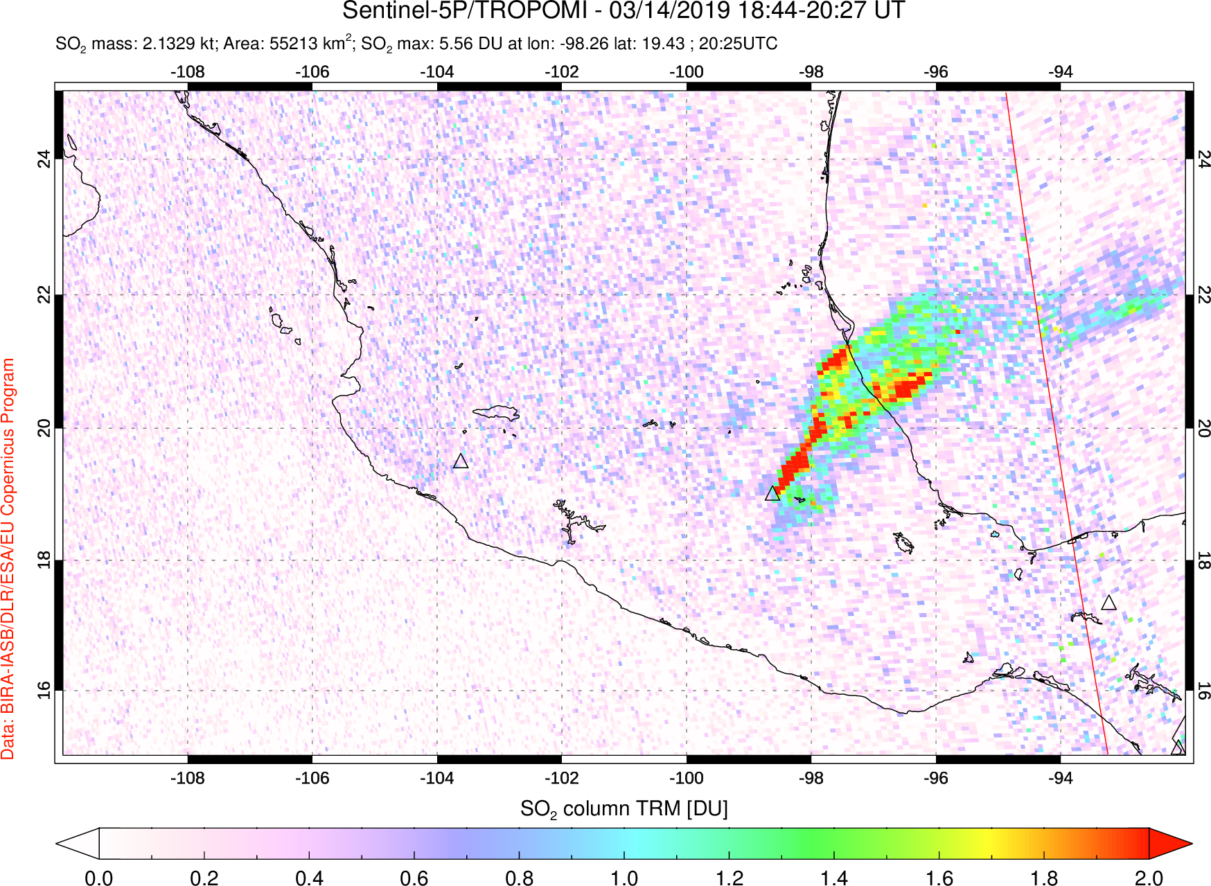 A sulfur dioxide image over Mexico on Mar 14, 2019.