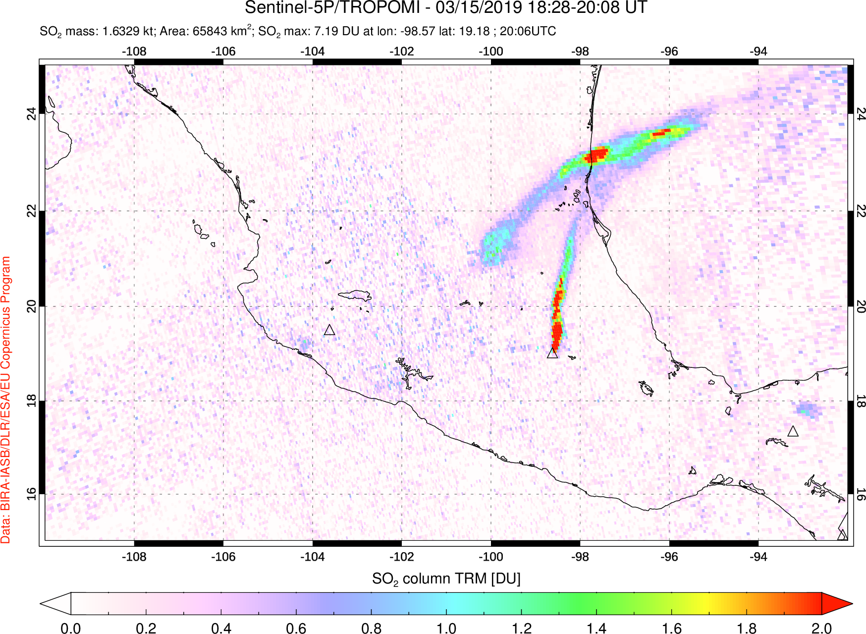 A sulfur dioxide image over Mexico on Mar 15, 2019.