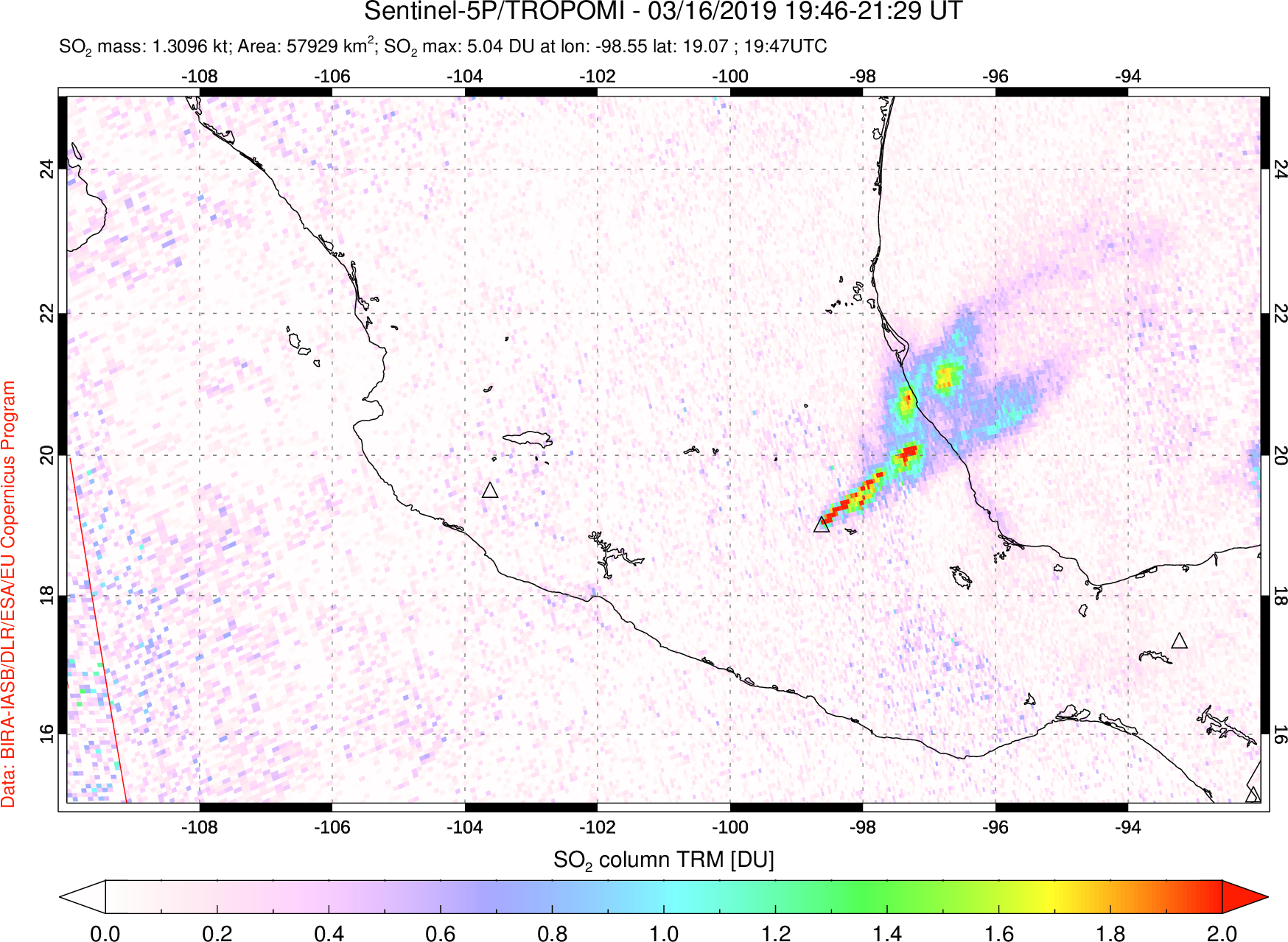 A sulfur dioxide image over Mexico on Mar 16, 2019.
