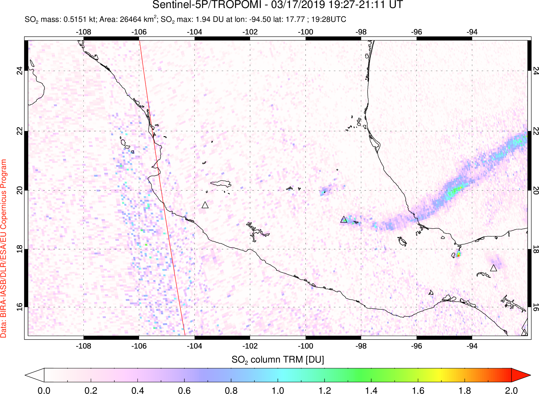 A sulfur dioxide image over Mexico on Mar 17, 2019.