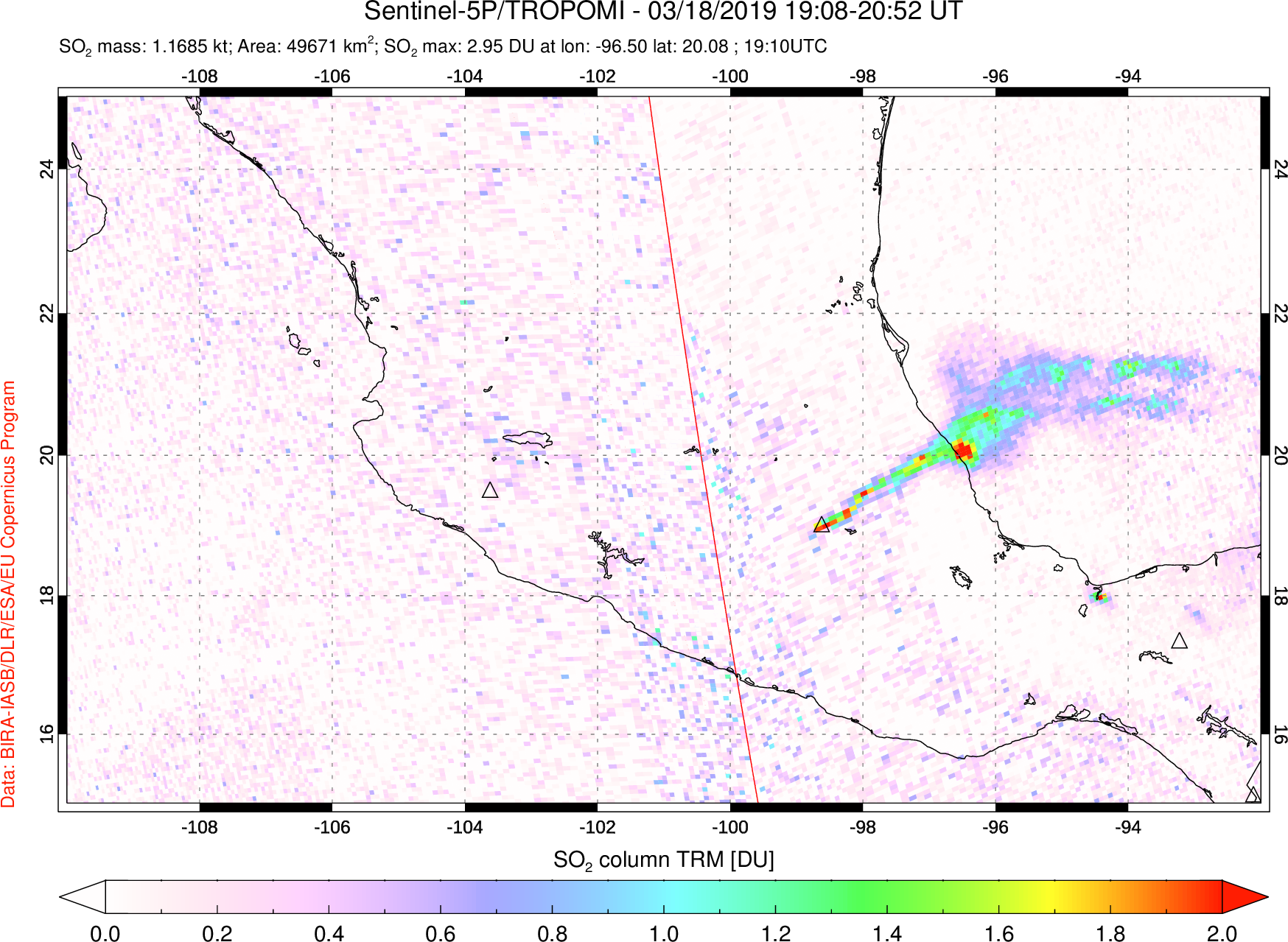 A sulfur dioxide image over Mexico on Mar 18, 2019.