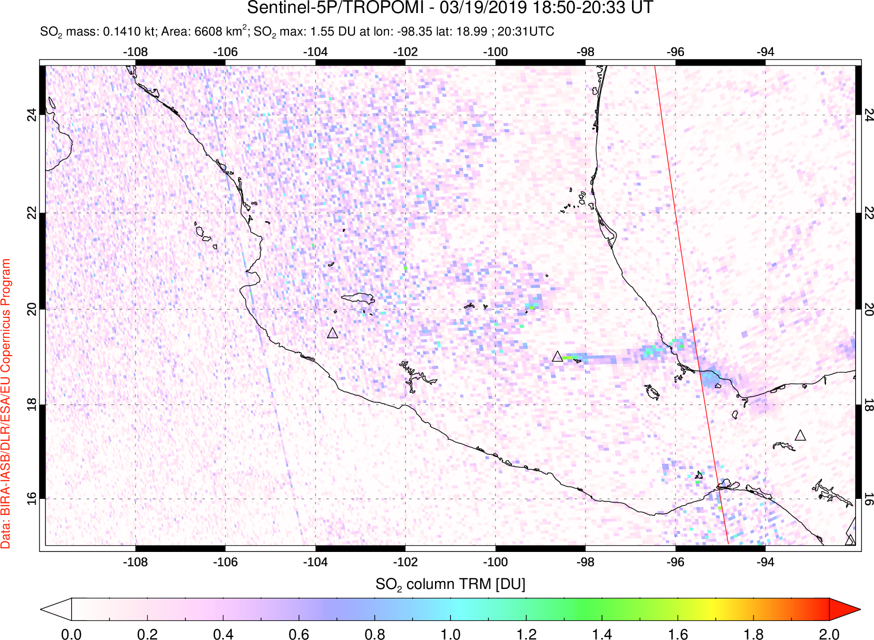 A sulfur dioxide image over Mexico on Mar 19, 2019.