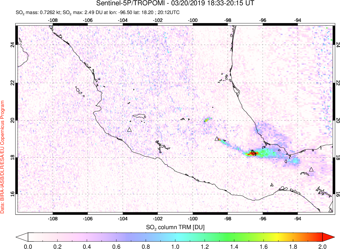 A sulfur dioxide image over Mexico on Mar 20, 2019.