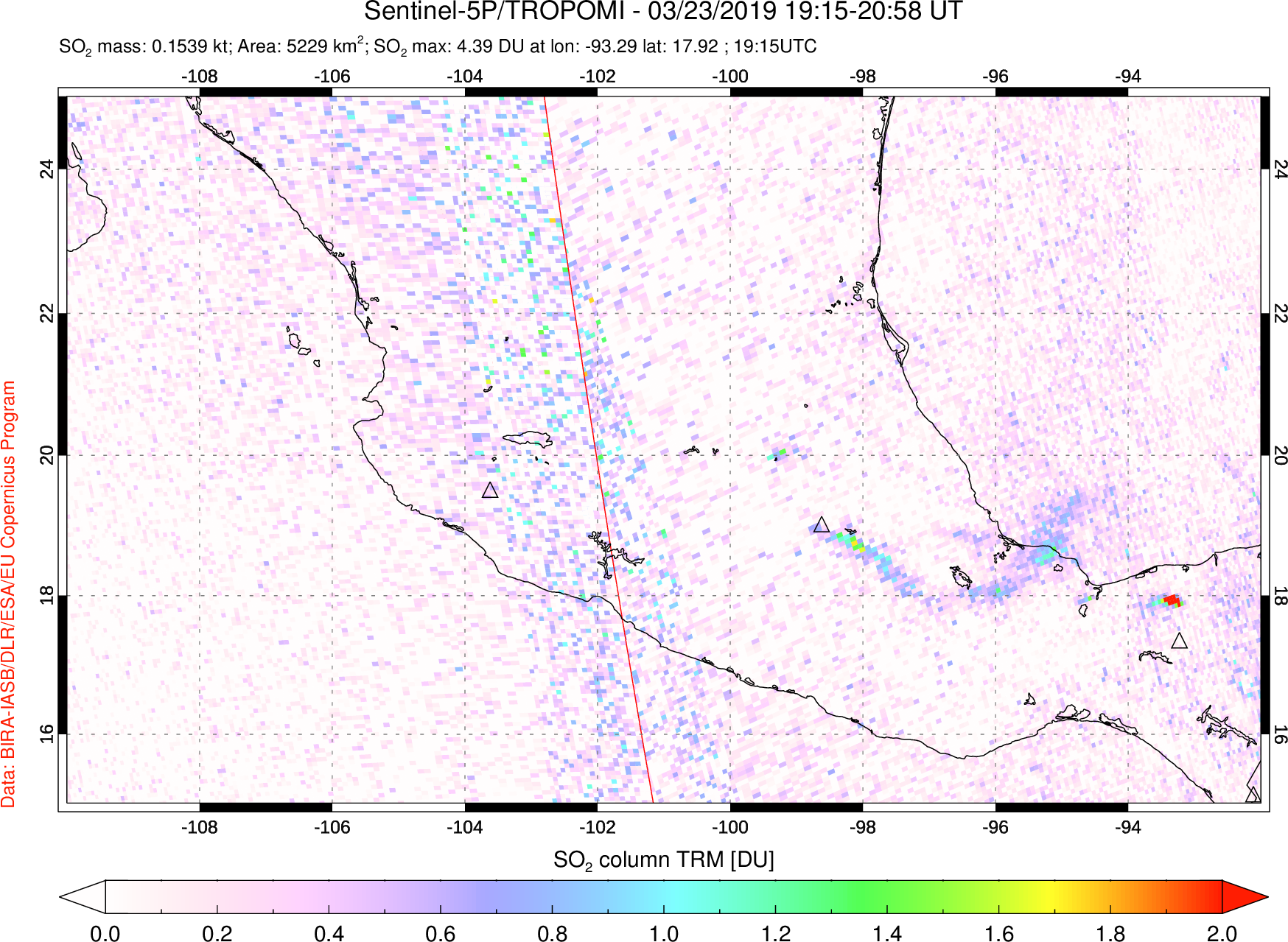 A sulfur dioxide image over Mexico on Mar 23, 2019.