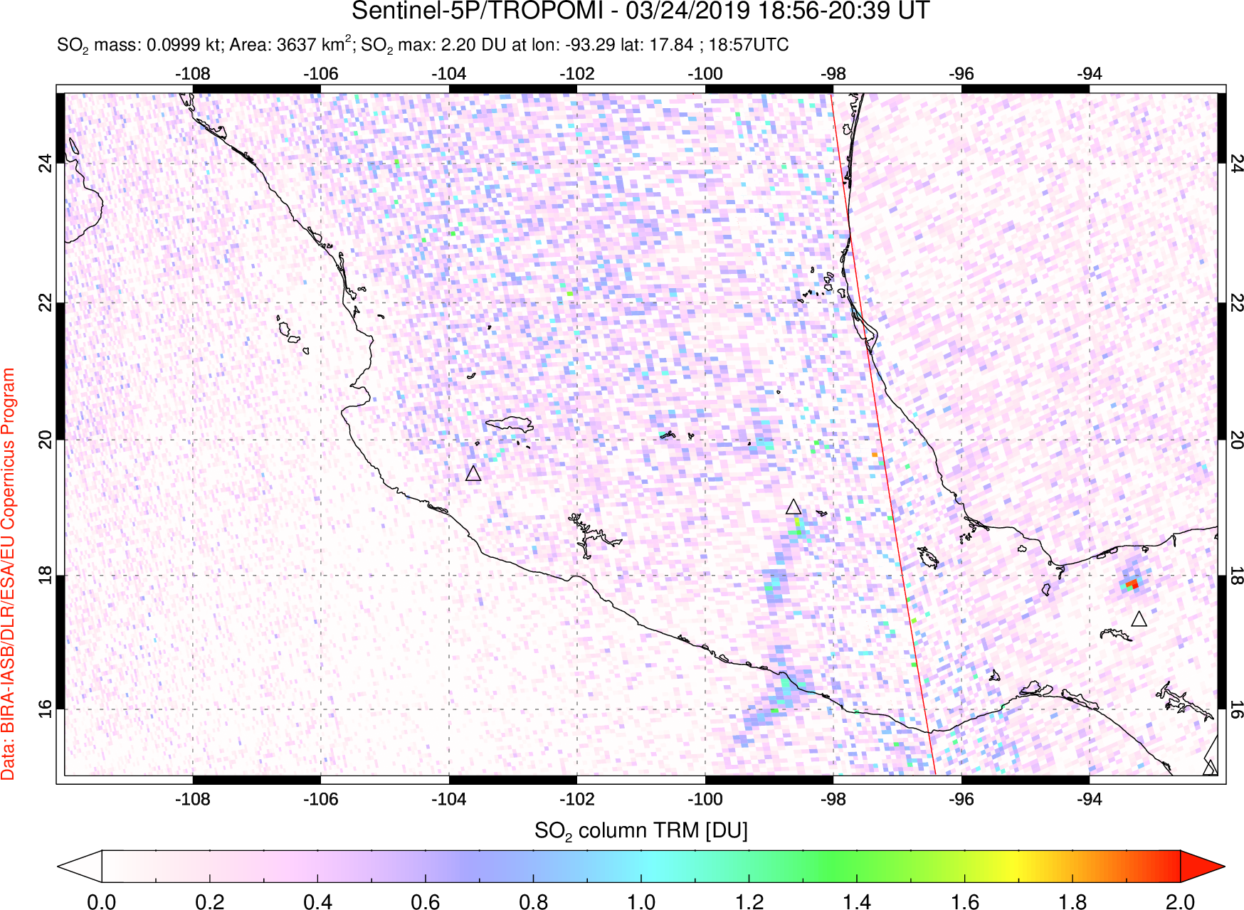 A sulfur dioxide image over Mexico on Mar 24, 2019.