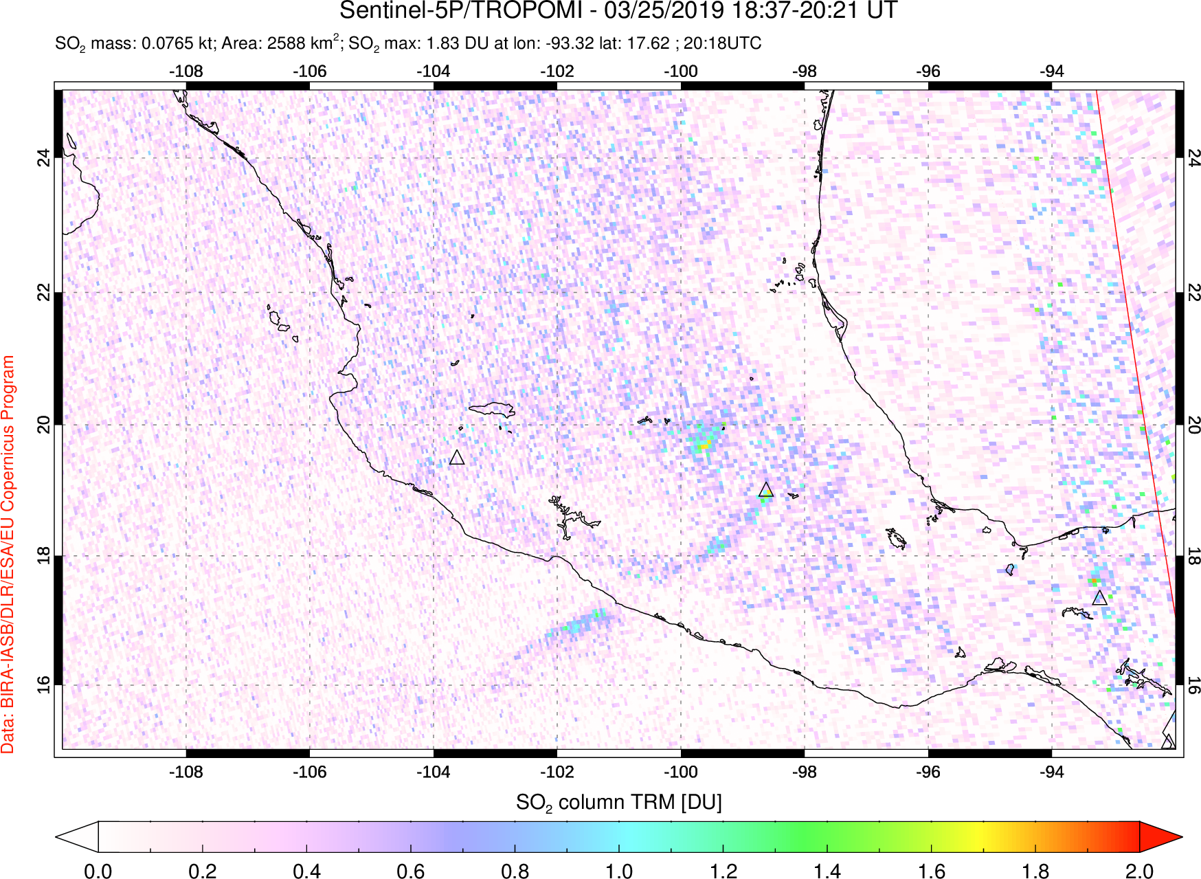 A sulfur dioxide image over Mexico on Mar 25, 2019.