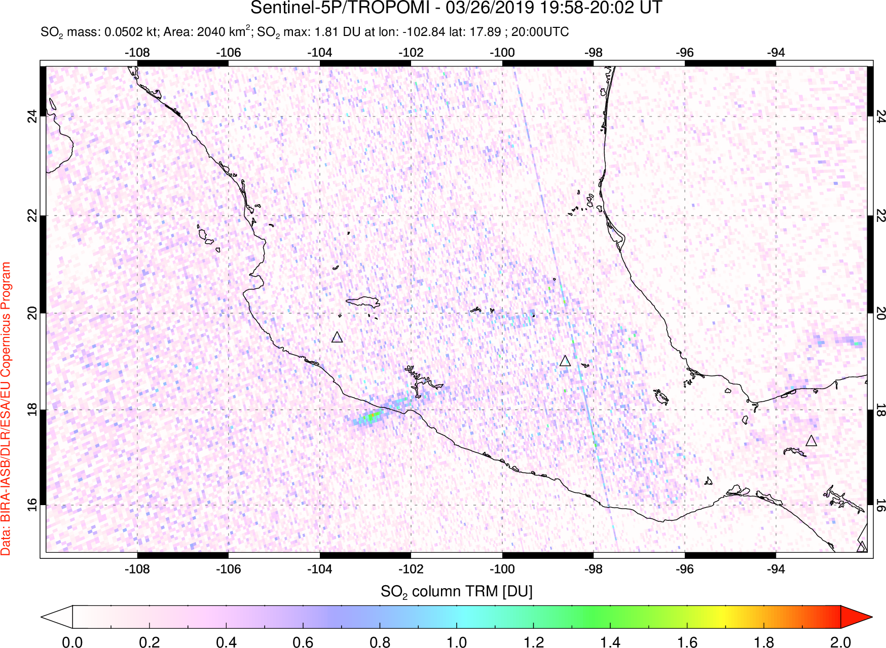 A sulfur dioxide image over Mexico on Mar 26, 2019.