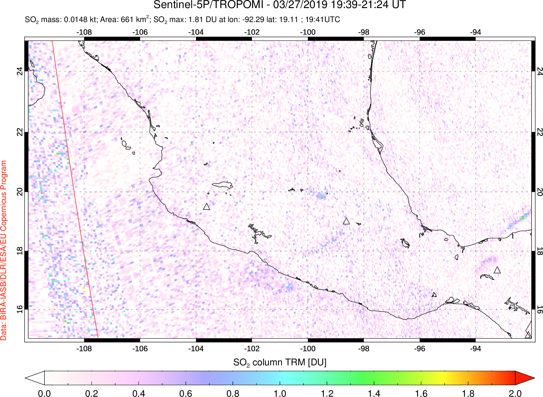 A sulfur dioxide image over Mexico on Mar 27, 2019.