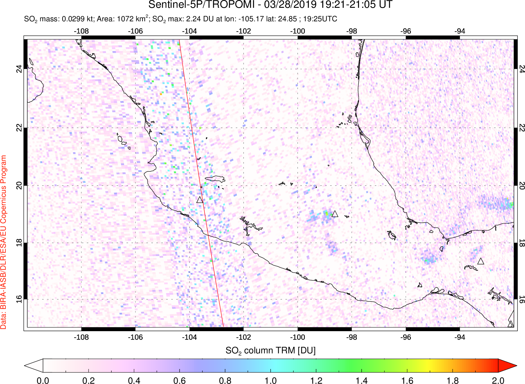 A sulfur dioxide image over Mexico on Mar 28, 2019.