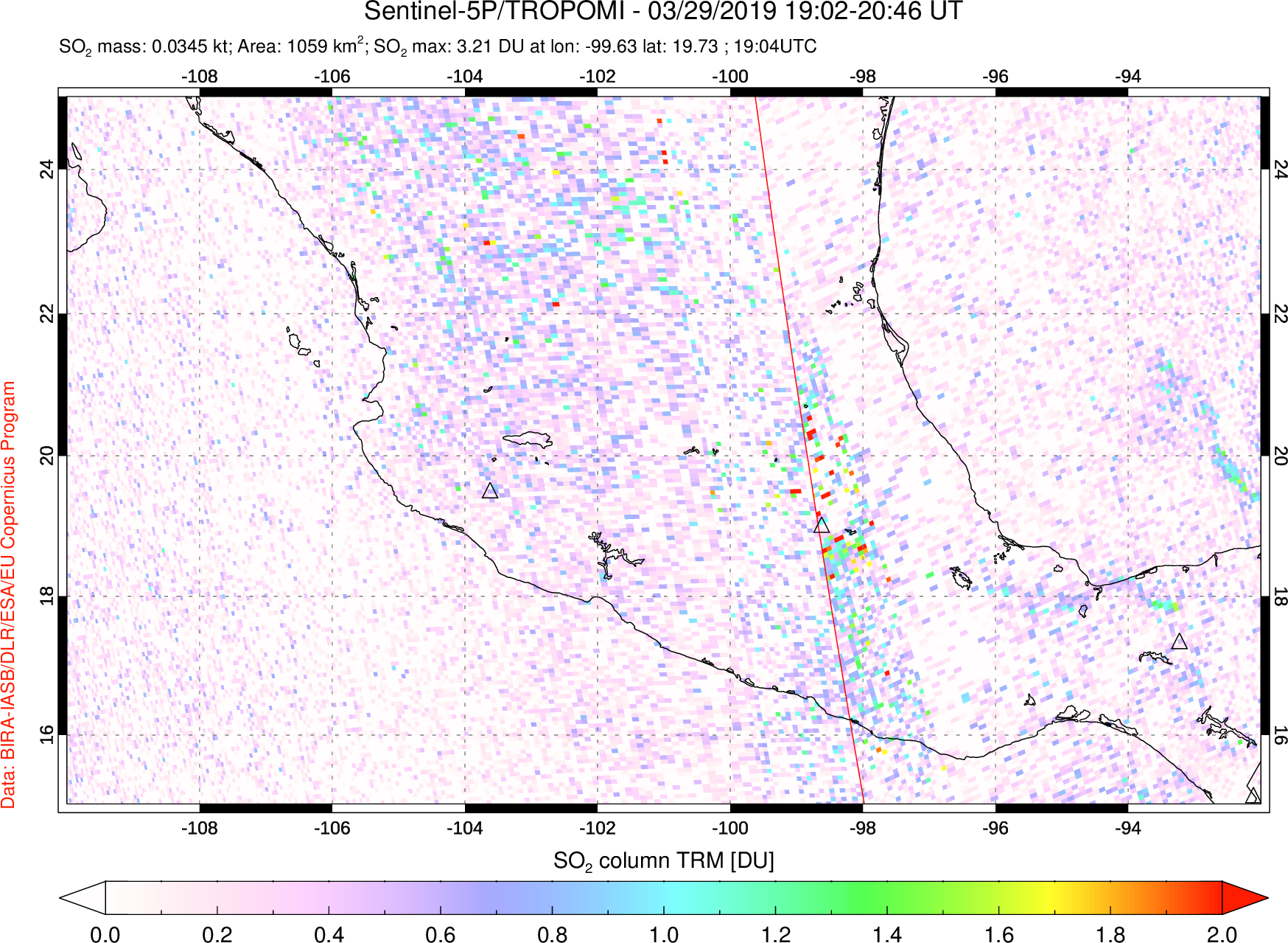 A sulfur dioxide image over Mexico on Mar 29, 2019.