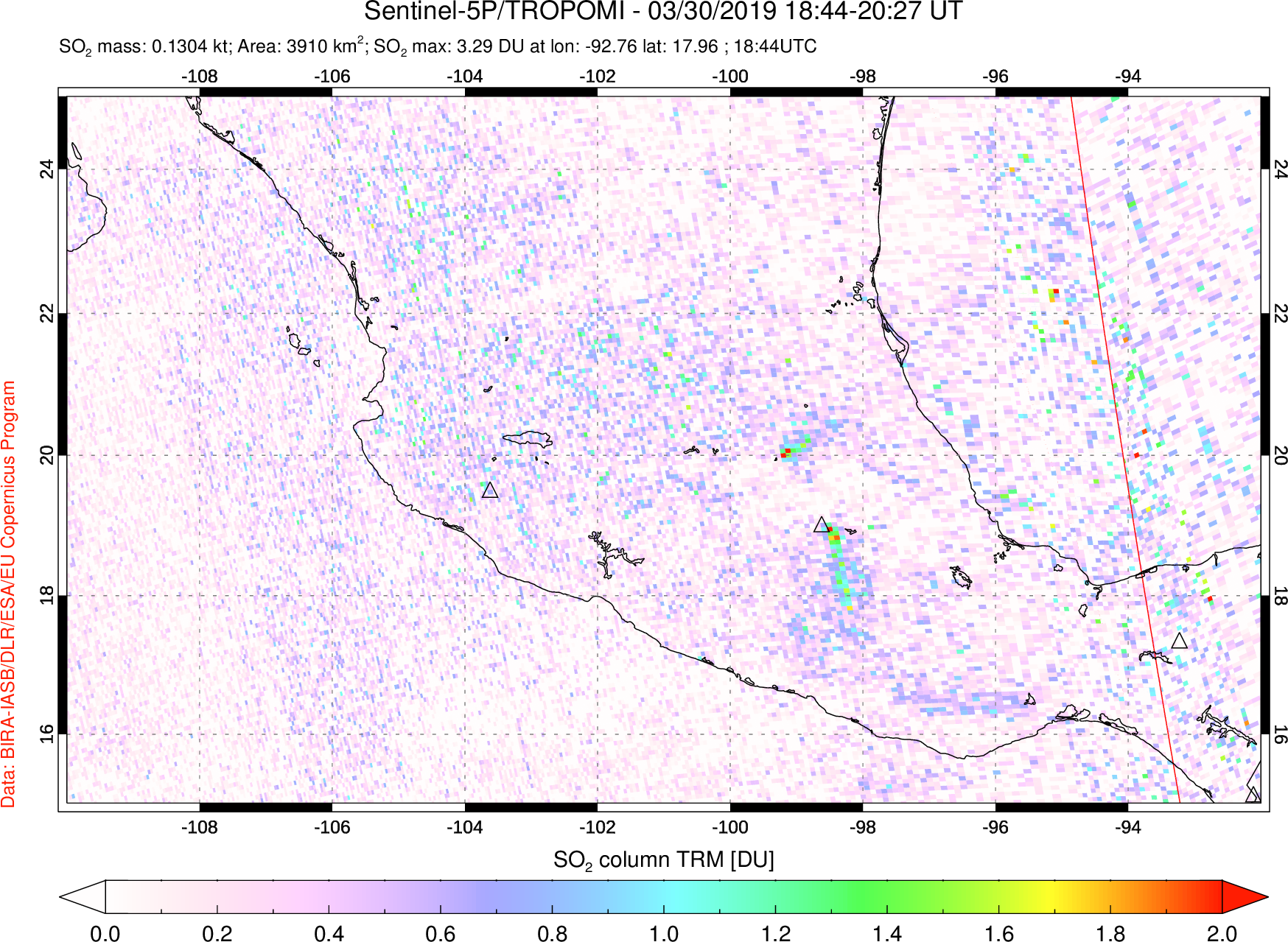 A sulfur dioxide image over Mexico on Mar 30, 2019.