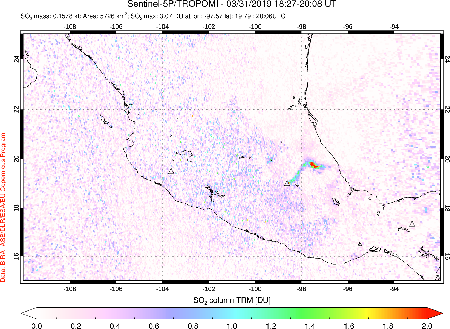 A sulfur dioxide image over Mexico on Mar 31, 2019.