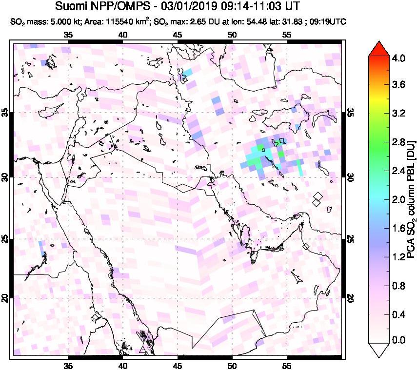 A sulfur dioxide image over Middle East on Mar 01, 2019.
