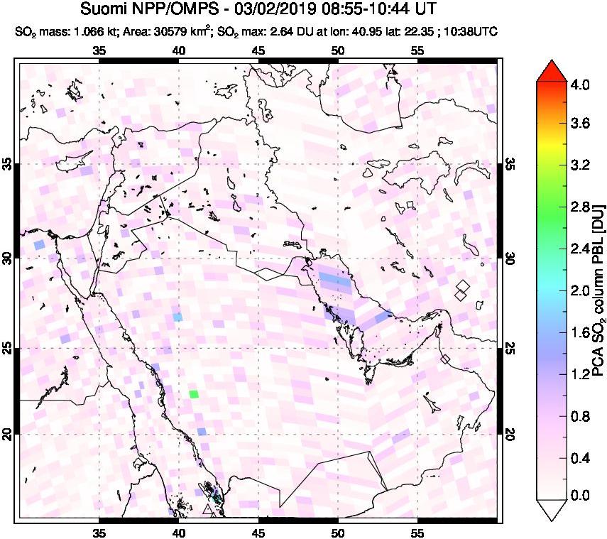 A sulfur dioxide image over Middle East on Mar 02, 2019.