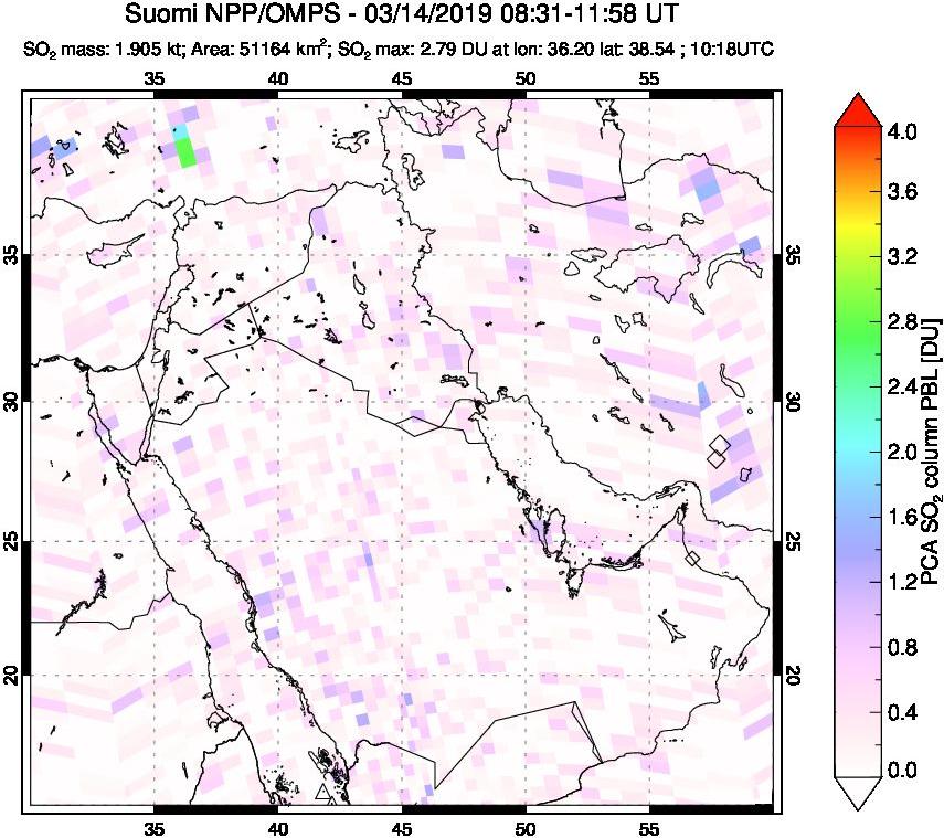 A sulfur dioxide image over Middle East on Mar 14, 2019.